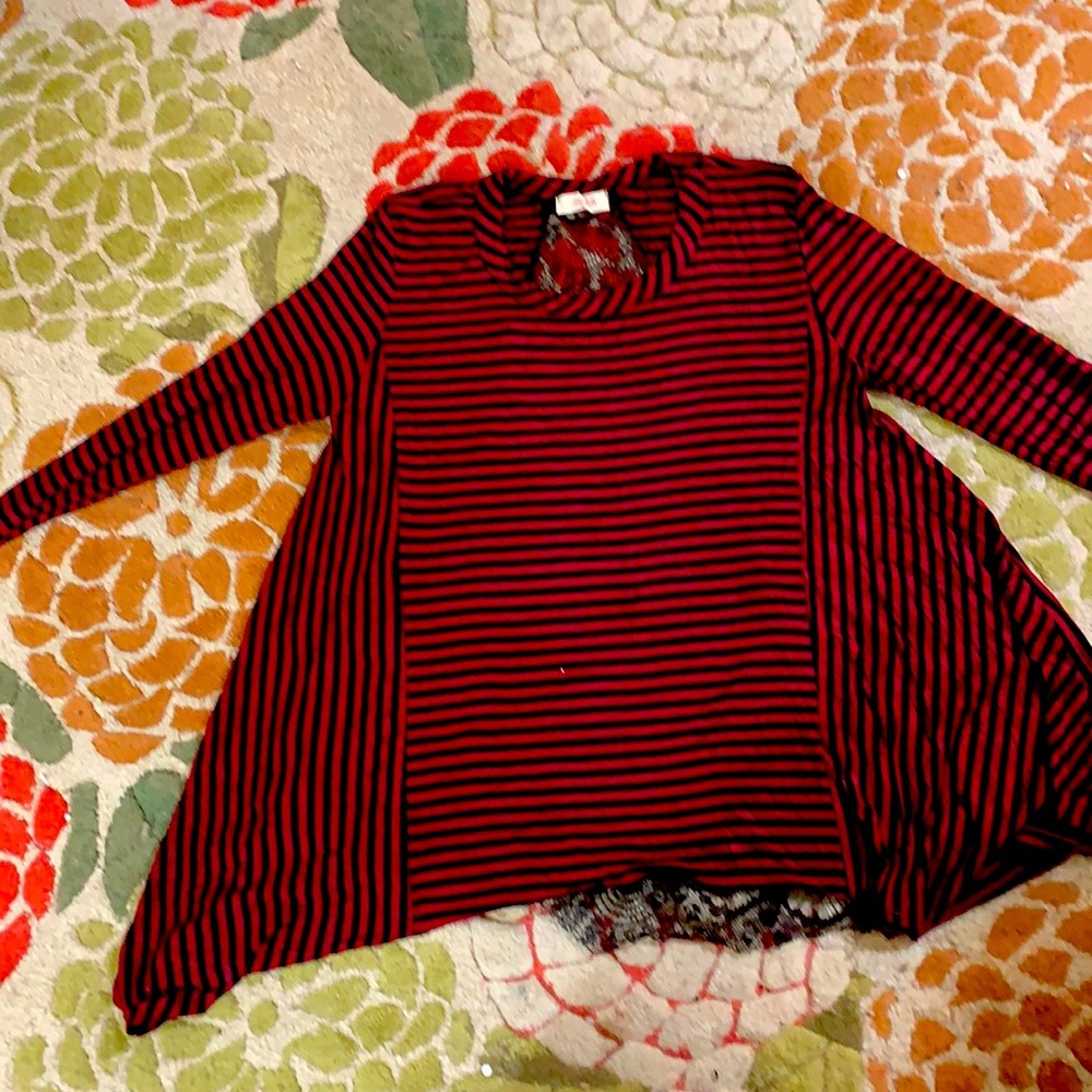 Gently worn red/black striped top with open black lace back